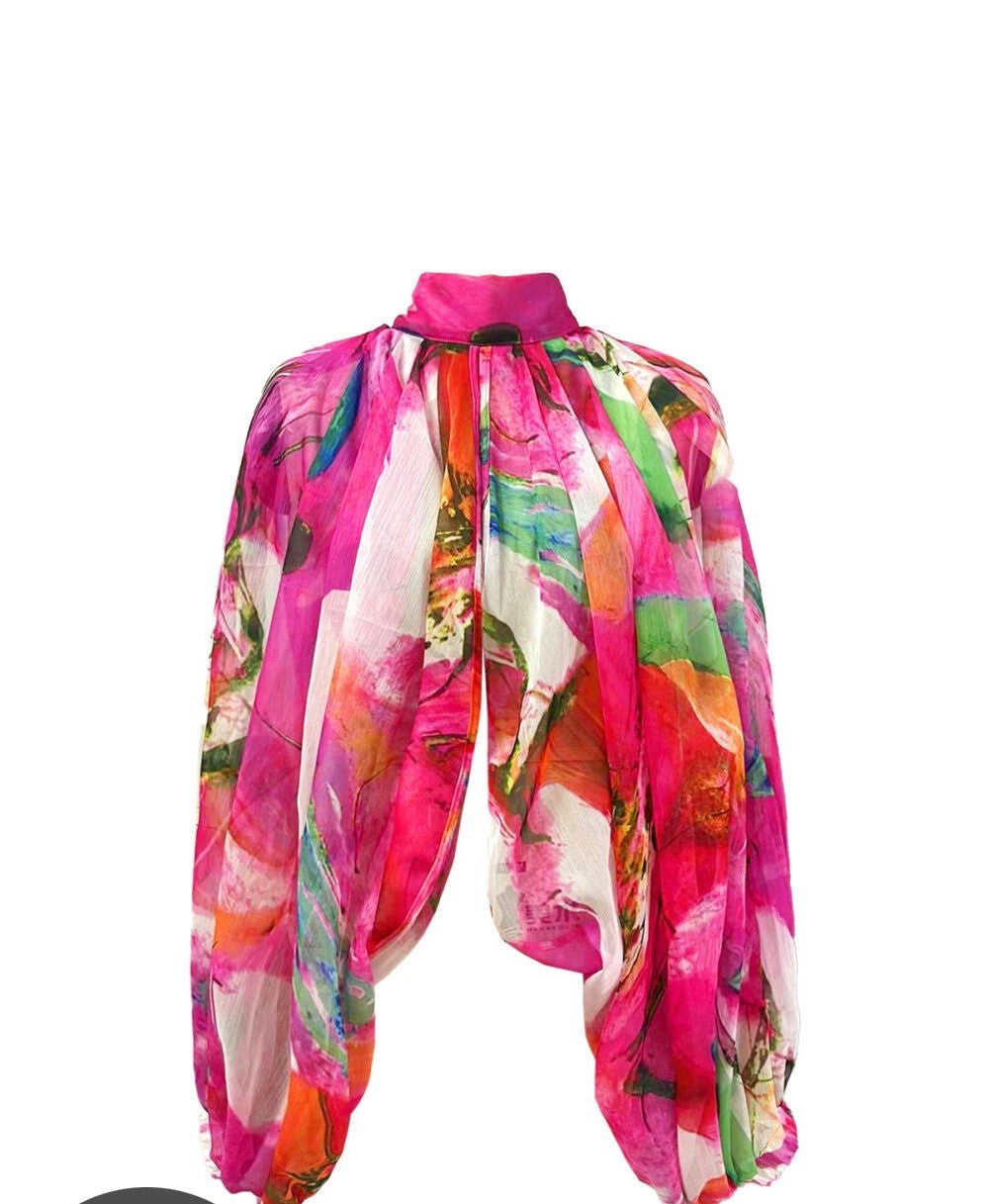 Women Sheer Balloon Sleeve Blouse/ Come in Plus Size