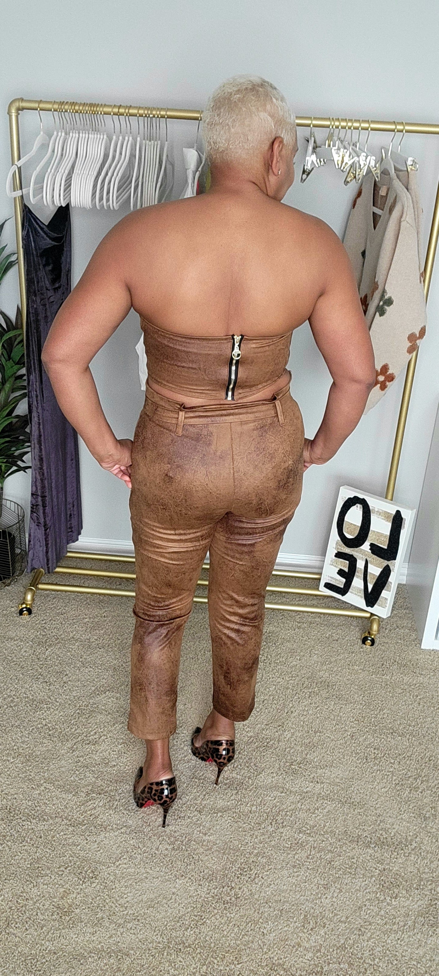 High Waist Faux Suede Pants Set