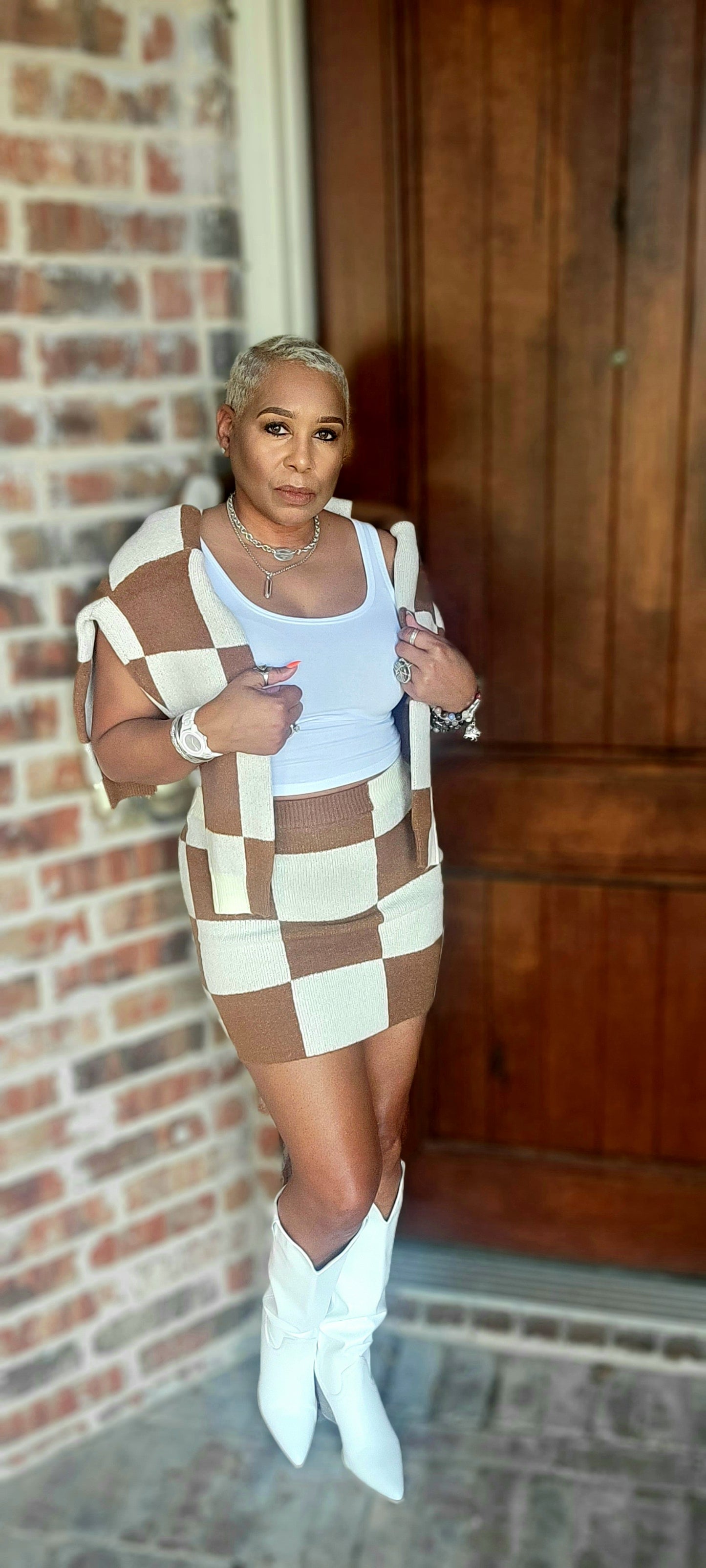 Checkered Knit Sweater Set