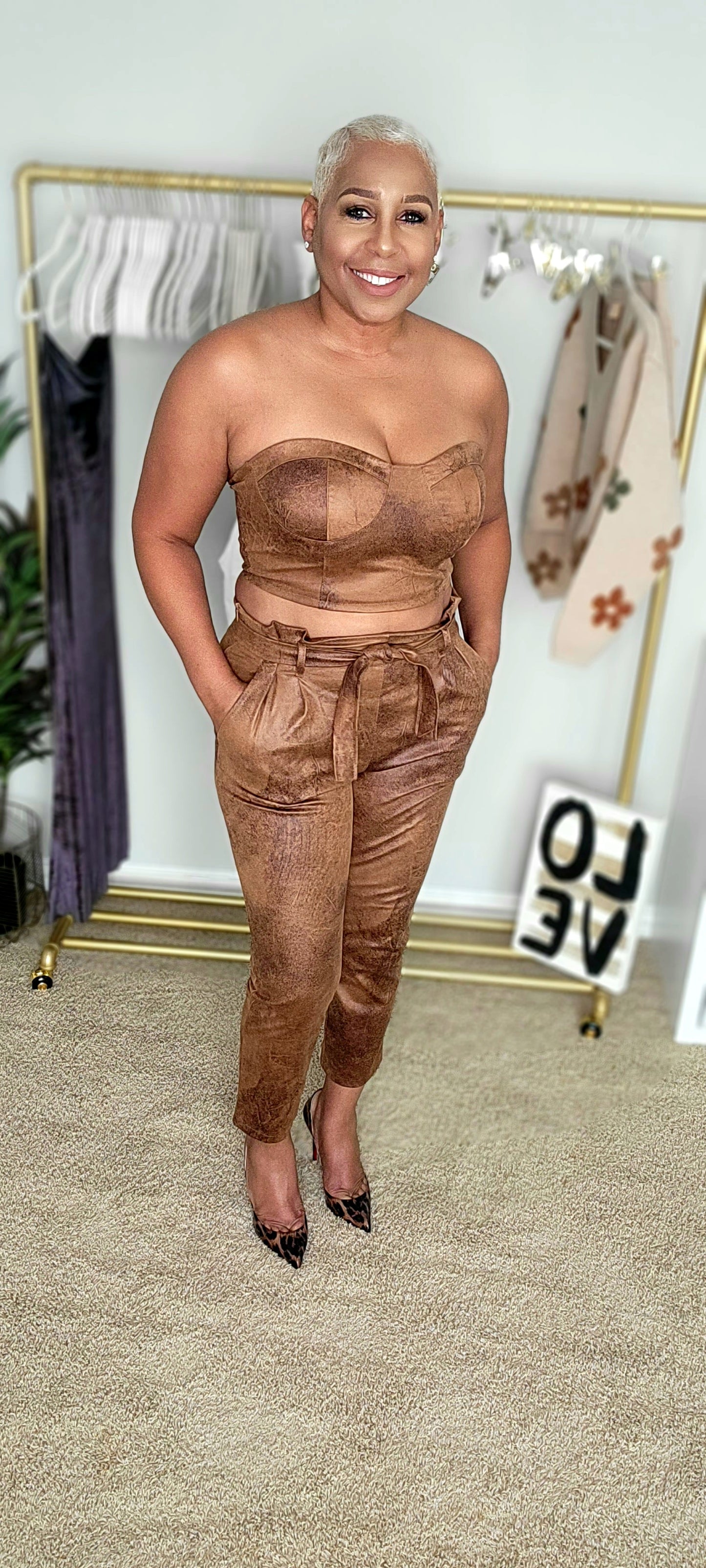 High Waist Faux Suede Pants Set
