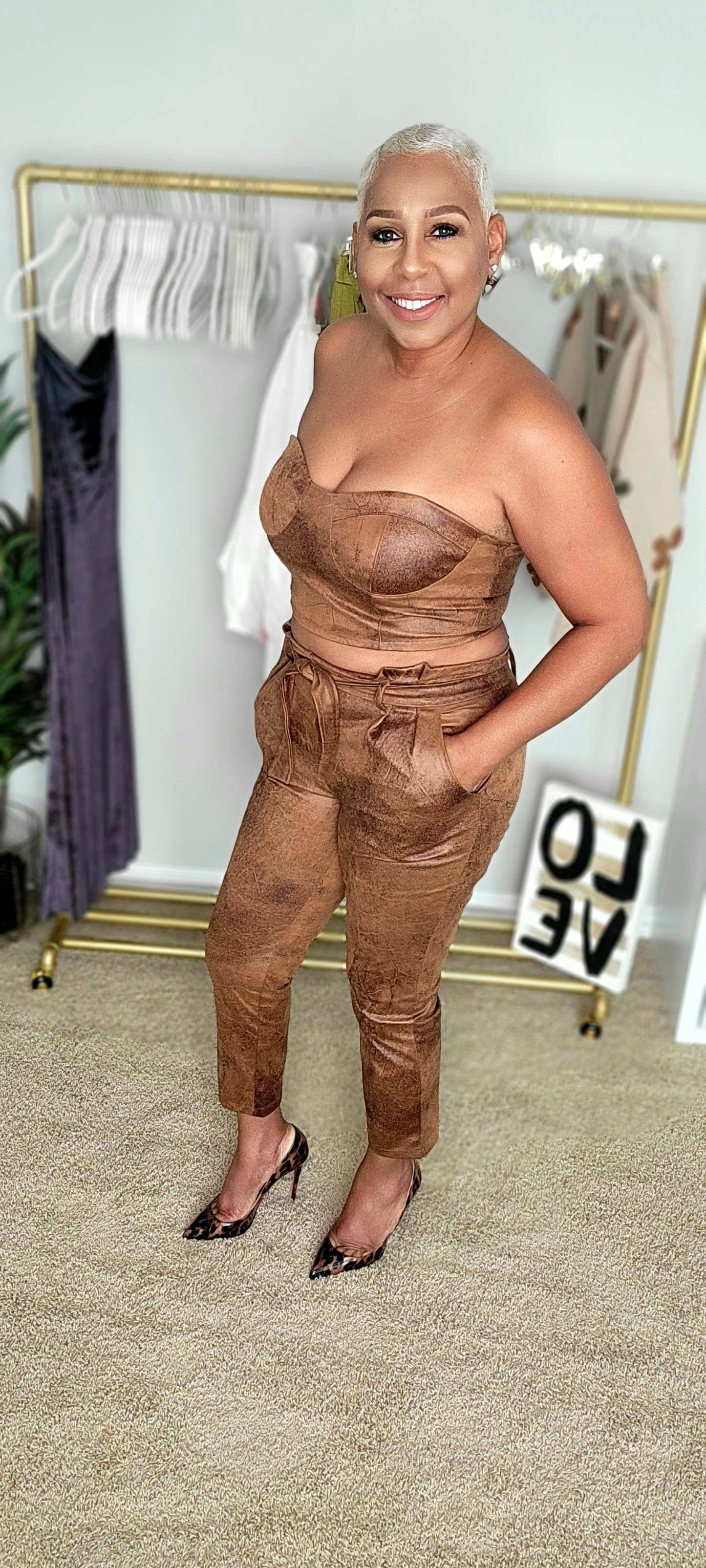 High Waist Faux Suede Pants Set