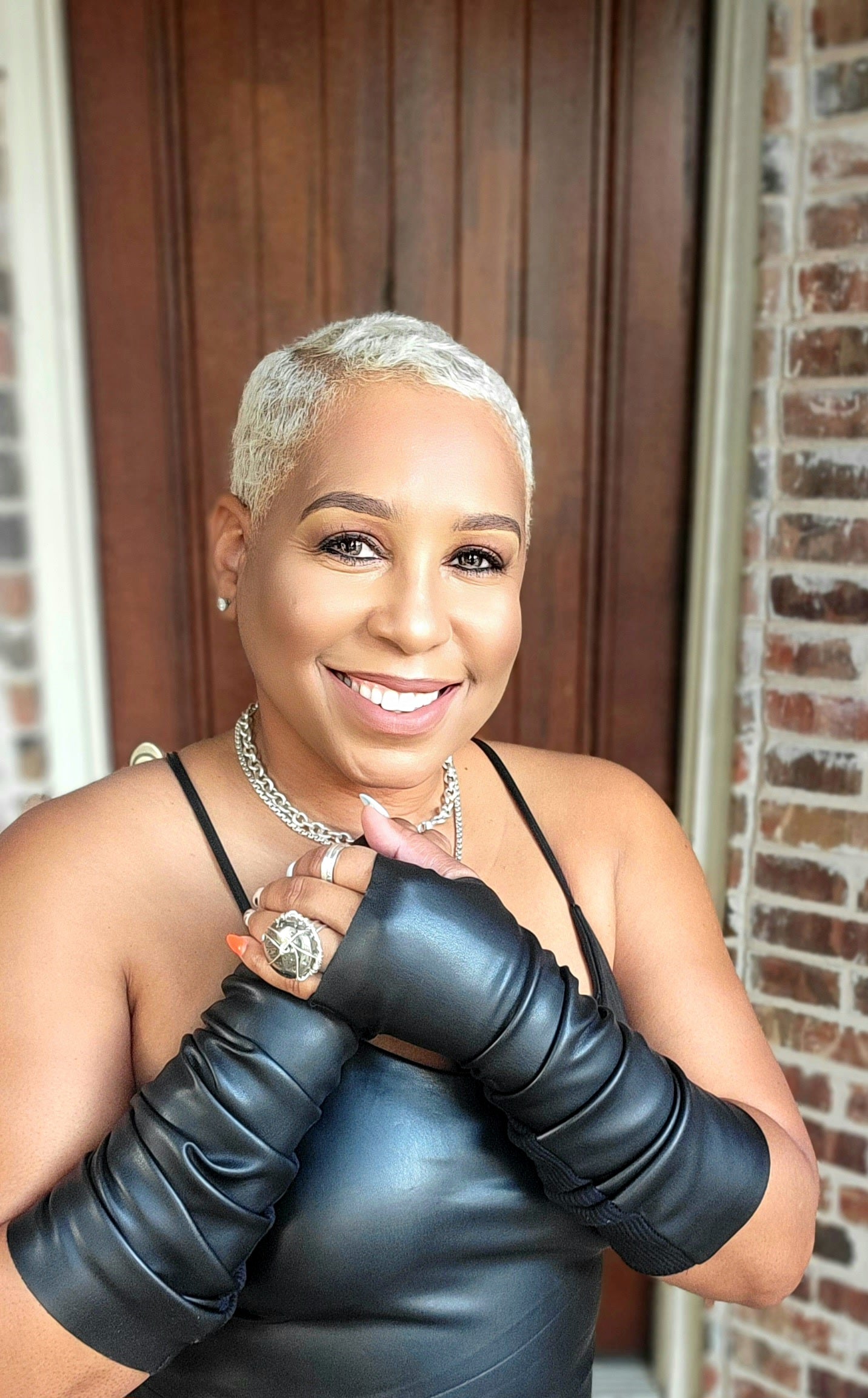 Long leather fingerless gloves